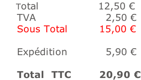 Total																	12,50 € TVA																			 2,50 € Sous Total 					 	 15,00 €  Expédition											5,90 €  Total  TTC								20,90 €