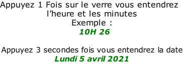 Appuyez 1 Fois sur le verre vous entendrez  l’heure et les minutes  Exemple :   10H 26  Appuyez 3 secondes fois vous entendrez la date  Lundi 5 avril 2021